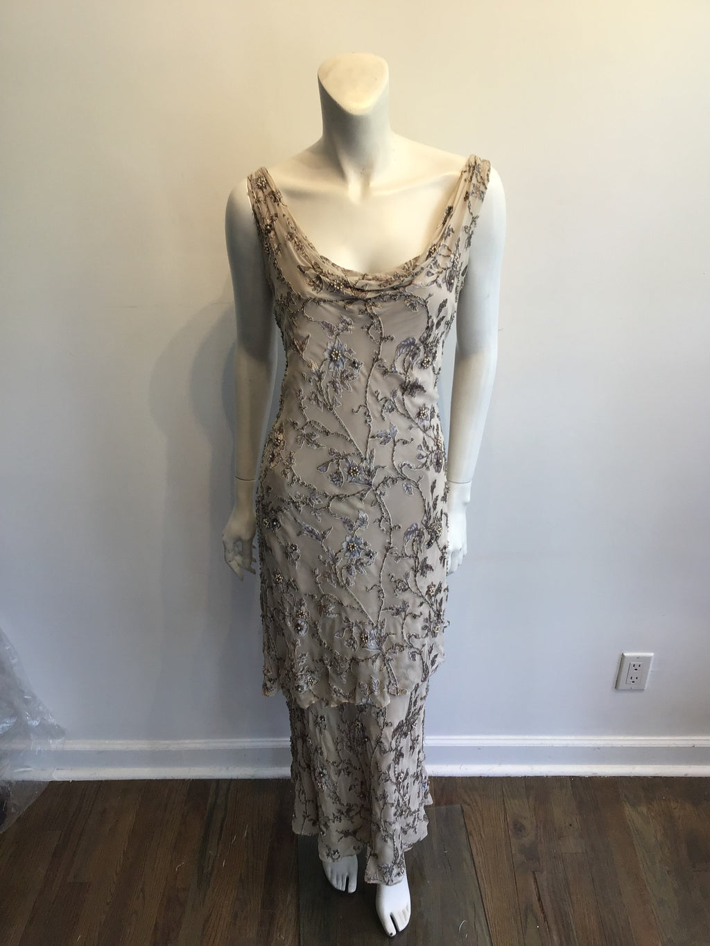 1990s Victoria Royal Taupe Silk Evening Gown Size 16