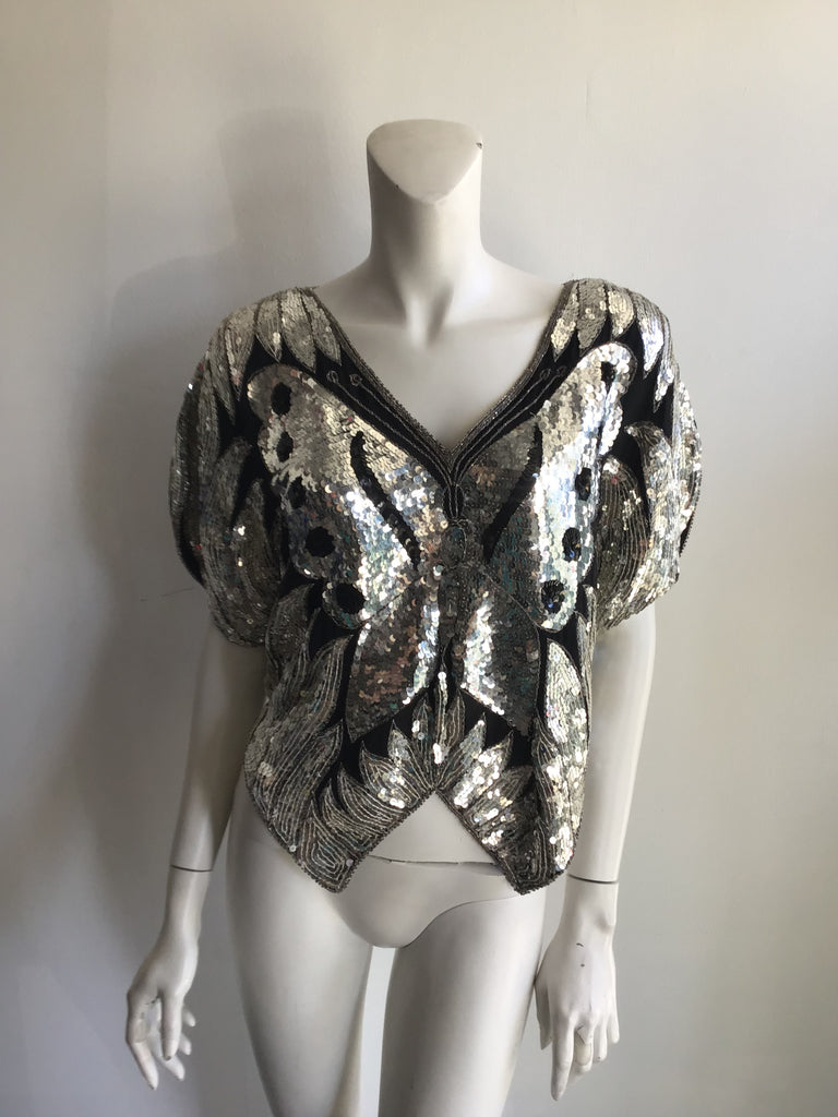 1980s Valachi Silver Sequined and Black Silk Top Size 8/10