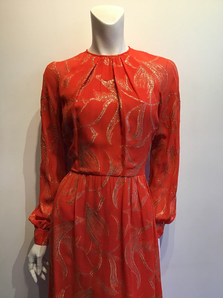 1970’s Adele Simpson Orange and Gold Lamé Evening Gown Size 8