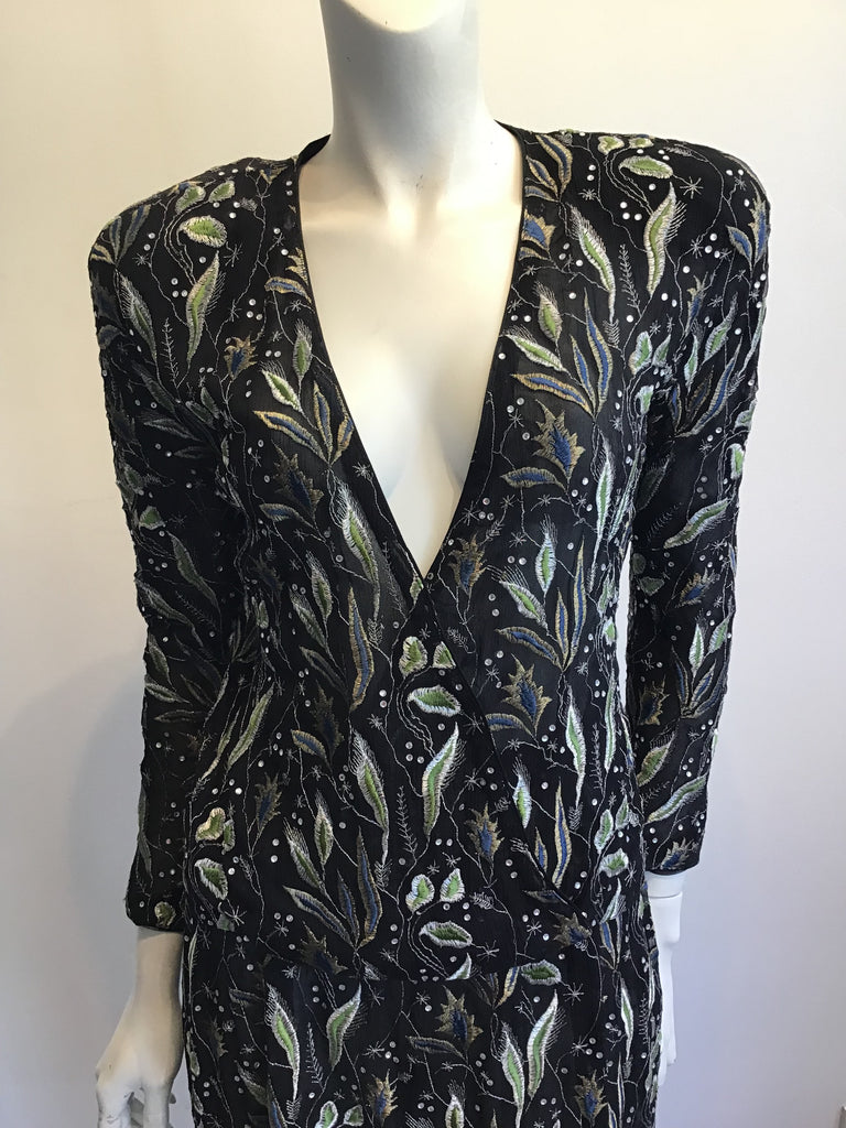 1980s 2 Piece Giorgio Armani Black,Gold and Greenembroidered  Chiffon Evening Ensemble Size 8