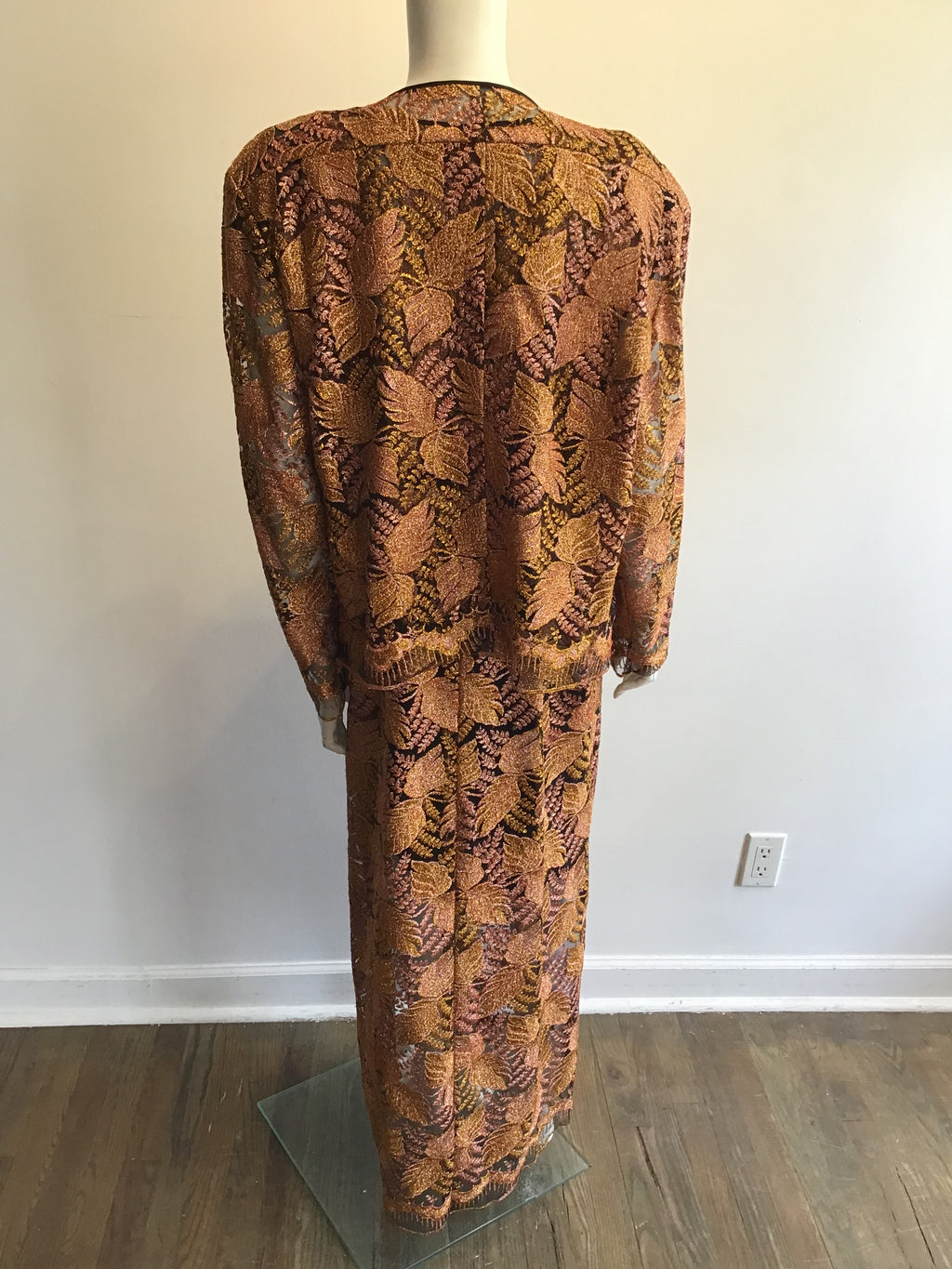 1980’s Copper/Pink Metallic Lace Evening Dress with 2 Jackets. Size 16