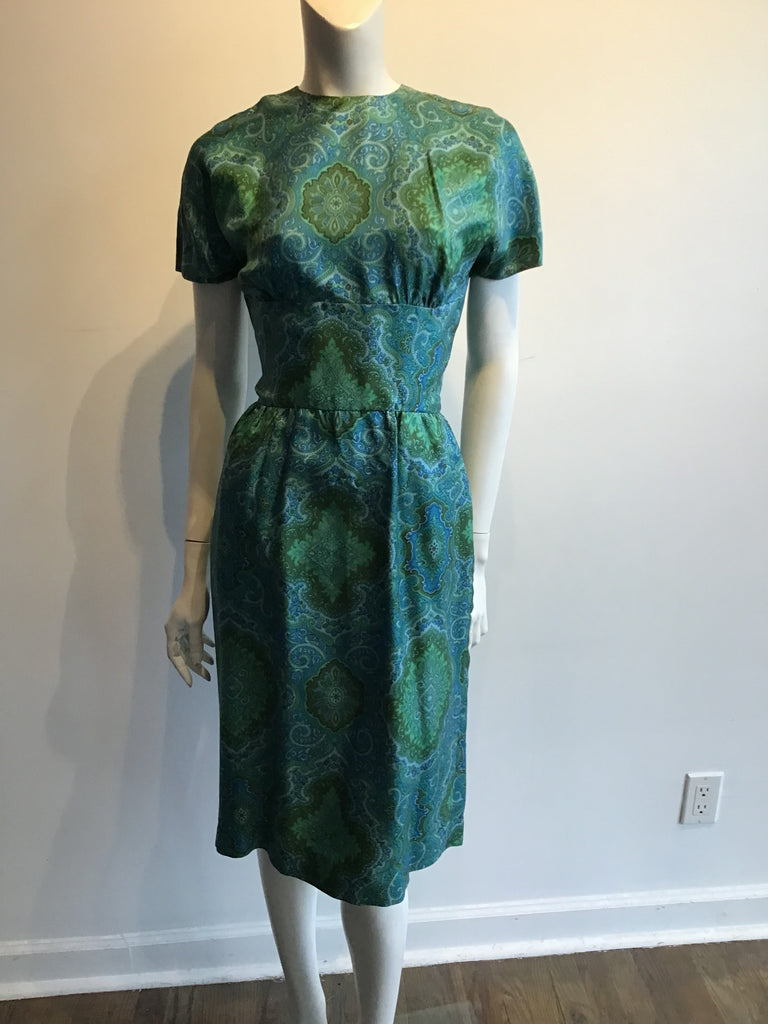 1950s Blue and Green Silk Day Dress Size 8