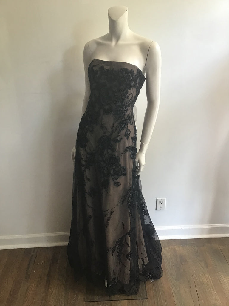 1990s Bagley Mischka Black/beige  Beaded Evening Gown with Train-10/12