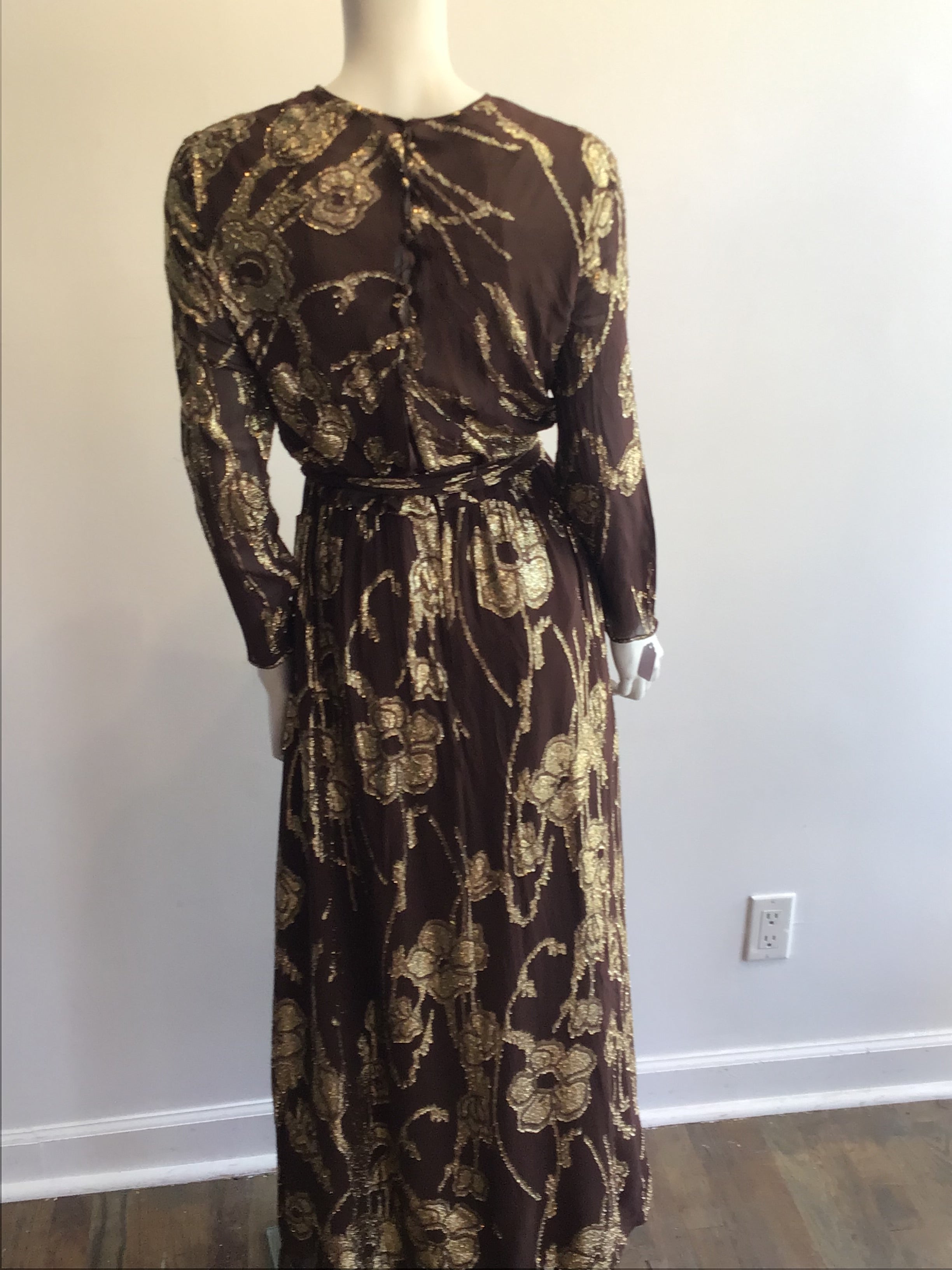 1970’s Brown and Gold Silk Blend Evening Gown Size 8