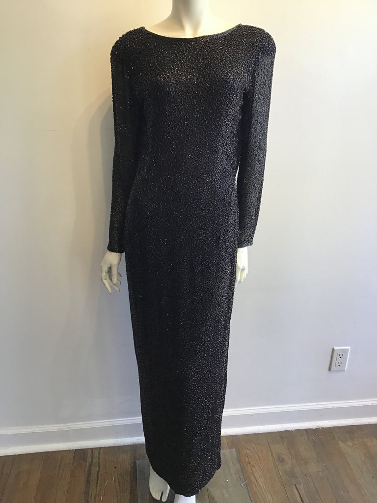 1980’s Oleg Cassini Black Beaded Silk/Rayon Evening Dress Size 10