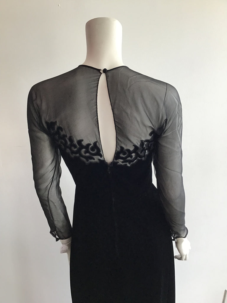 1980s Black Silk and Chiffon Oscar de La Renta Evening Gown Size 6