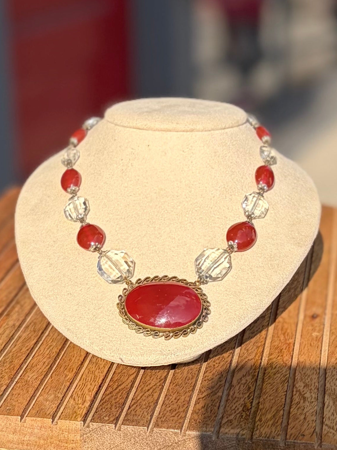 Art Deco Carnelian and Crystal bead Necklace