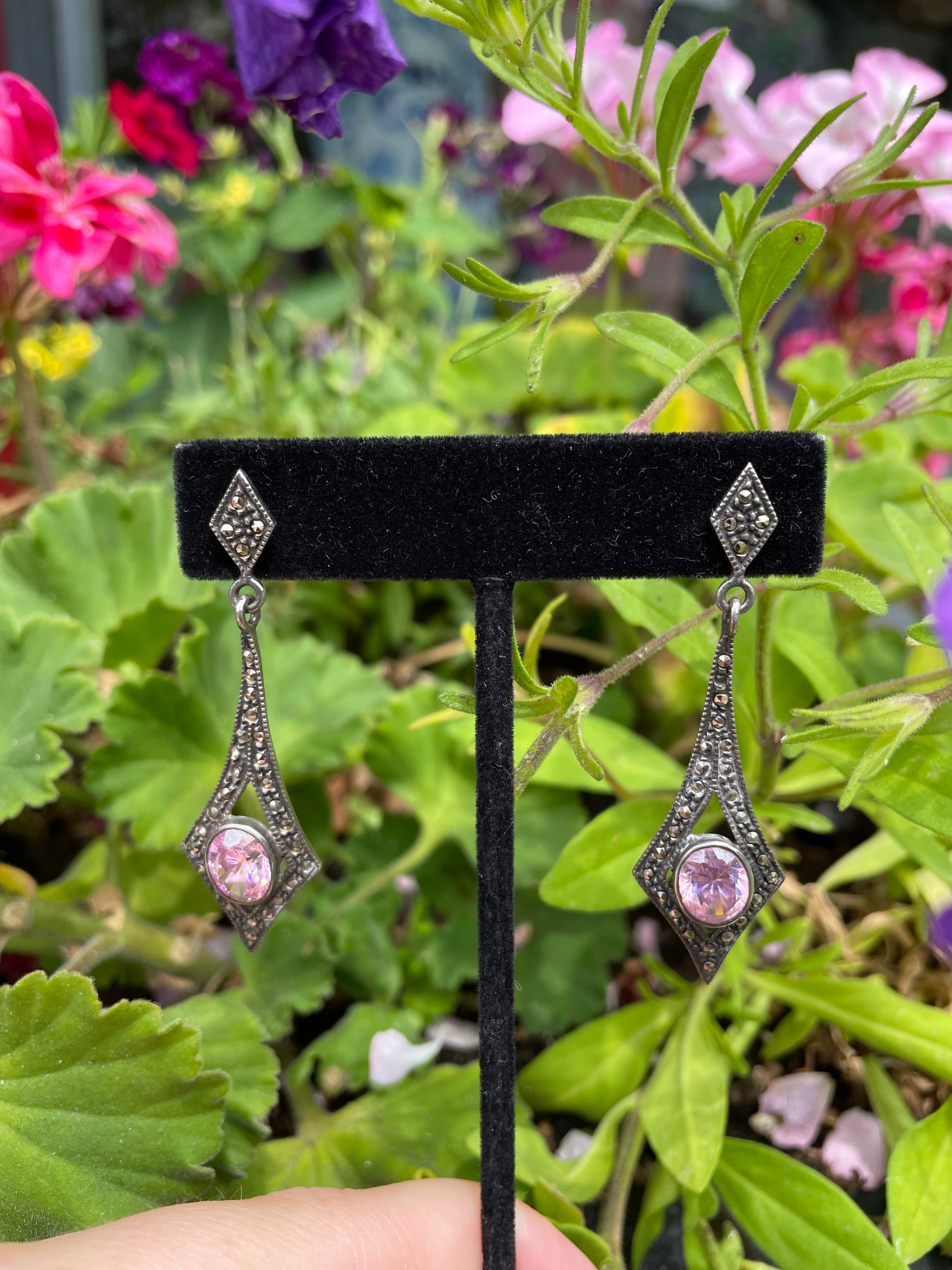 Sterling Maracsite and Pink Topaz Dangle Earrings