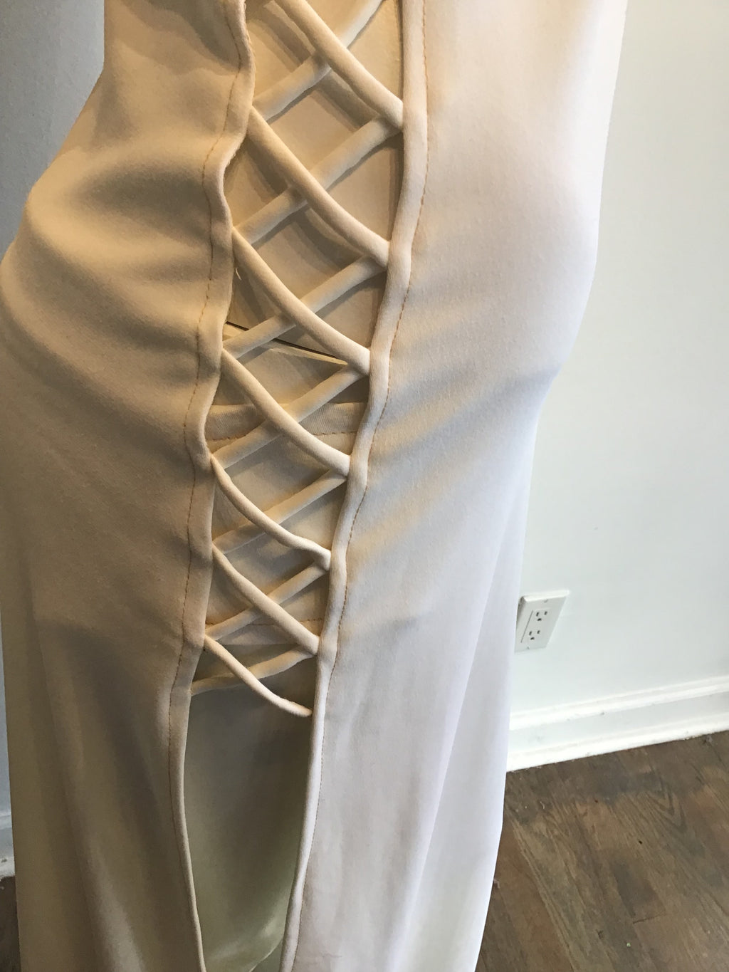 1960s Sultry Cream Rayon"Bond Girl" Dress with Crisscross Cutouts on the Sides Size 2/3