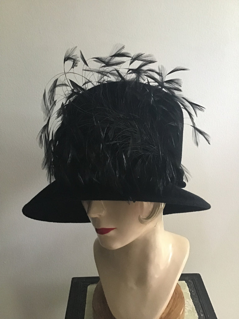 2000s Phillip Treacy Black Velvet Hat with Feathers