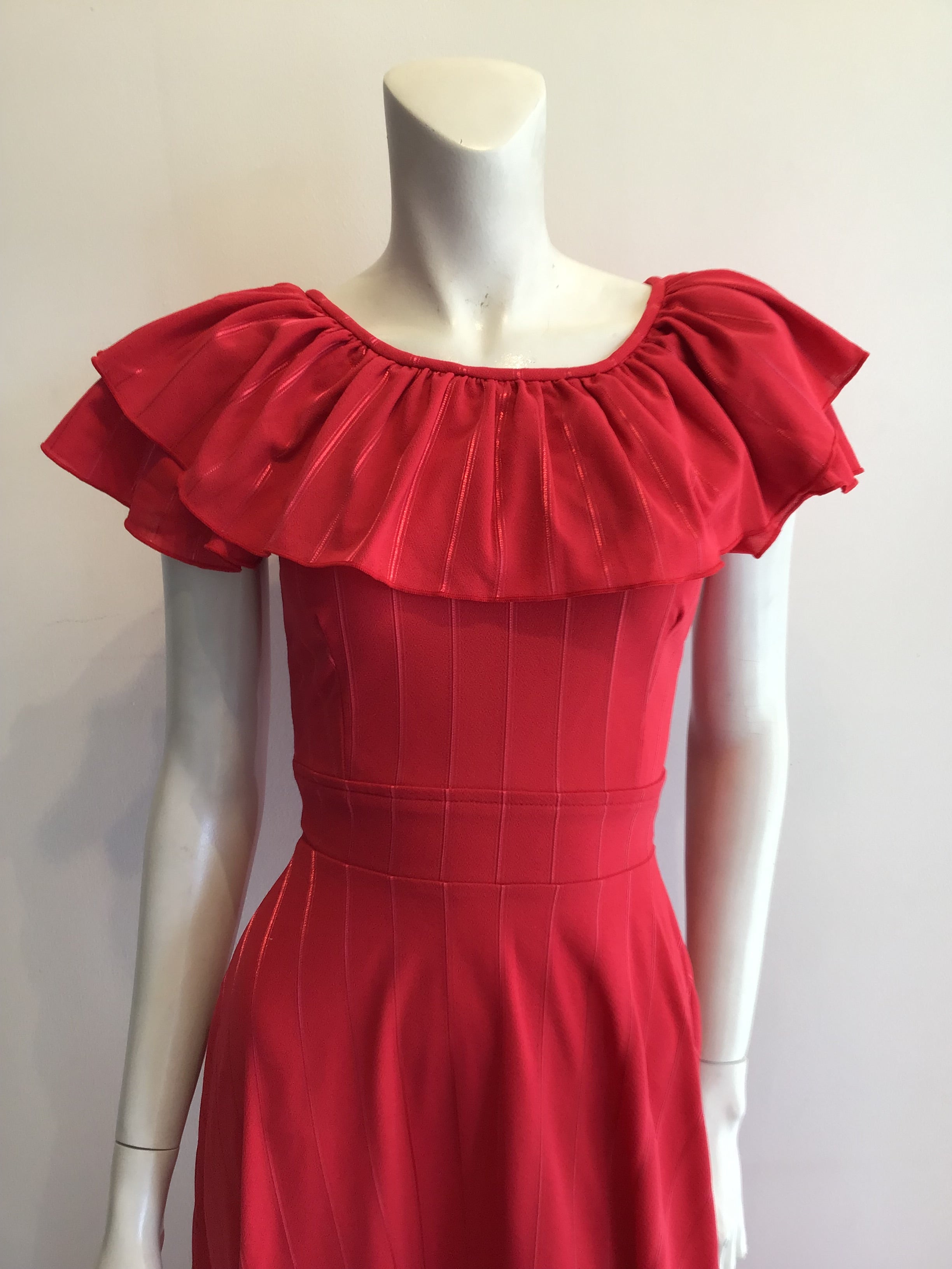 1970s Red Polyester Dress with Ruffle Neckline size 2