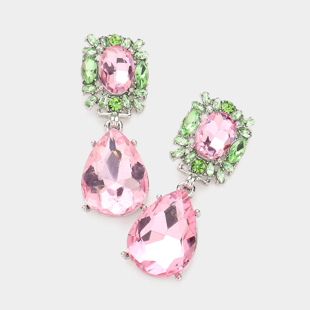 Pink and Green Multi Stone Cluster Teardrop Link Dangle Evening Earrings