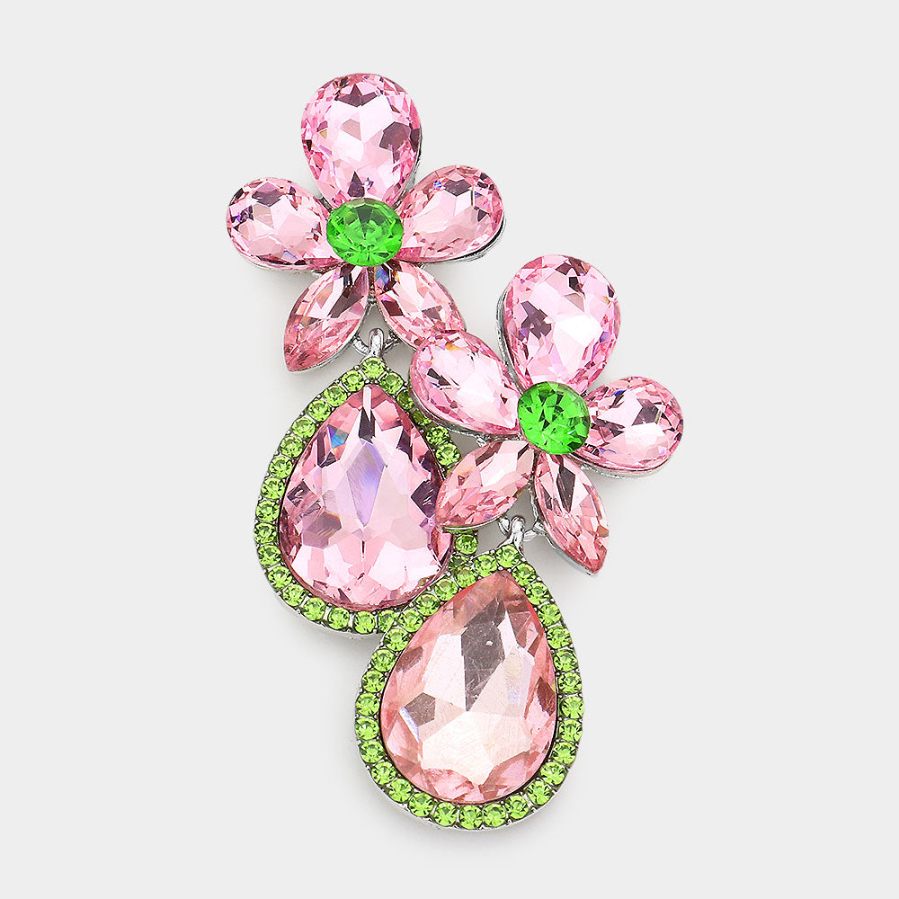Pink and Green Flower Stone Embellished Teardrop Stone Dangle Evening Earrings