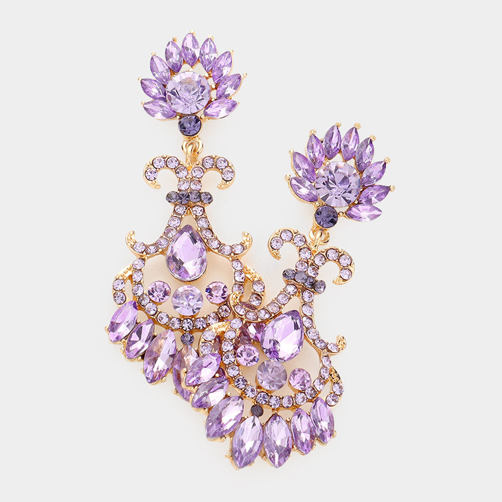 Purple Glass Crystal Flame Statement Evening Earrings
