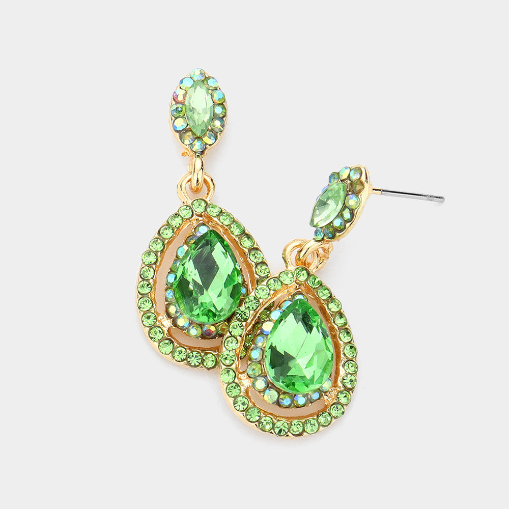 Green Crystal Rhinestone Pave Trim Teardrop Evening Earrings