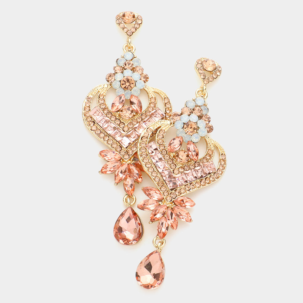 Peach Glass Crystal Heart Teardrop Evening Earrings