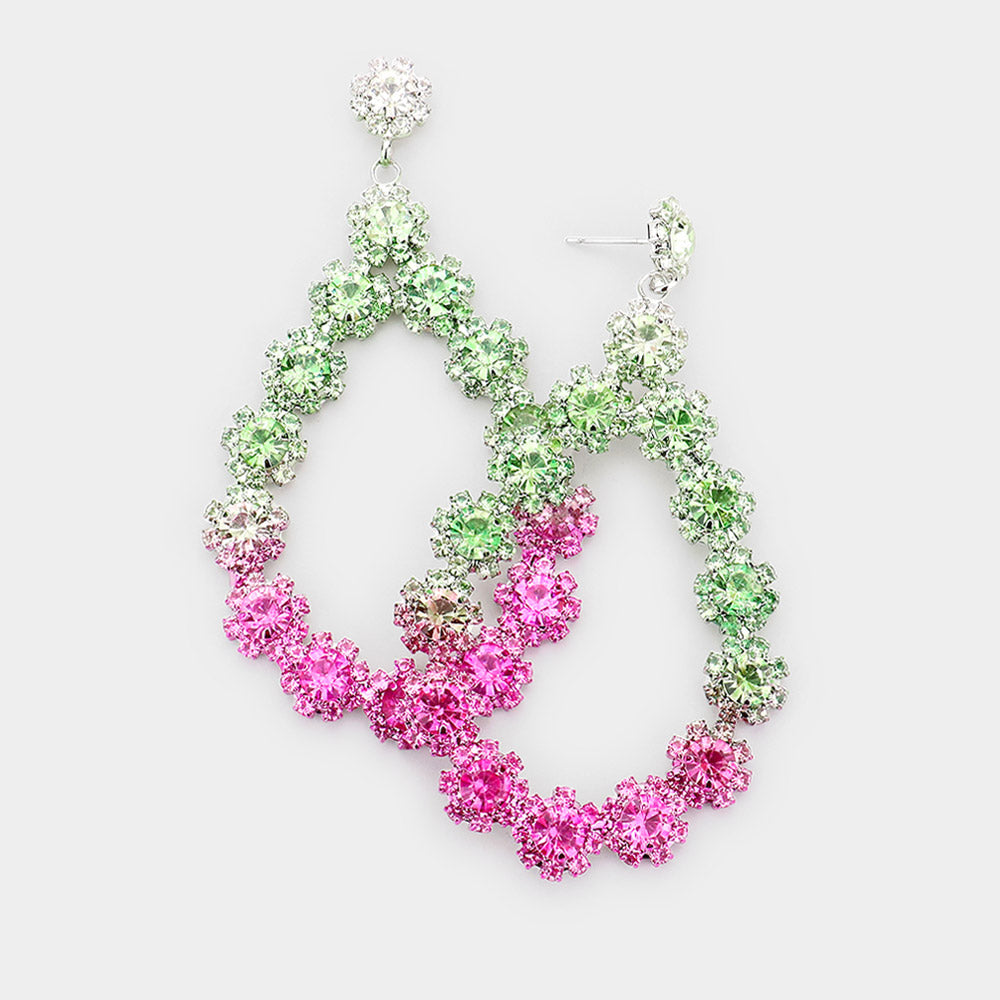 Floral Pink and Green Open Teardrop Ombre Evening Earrings