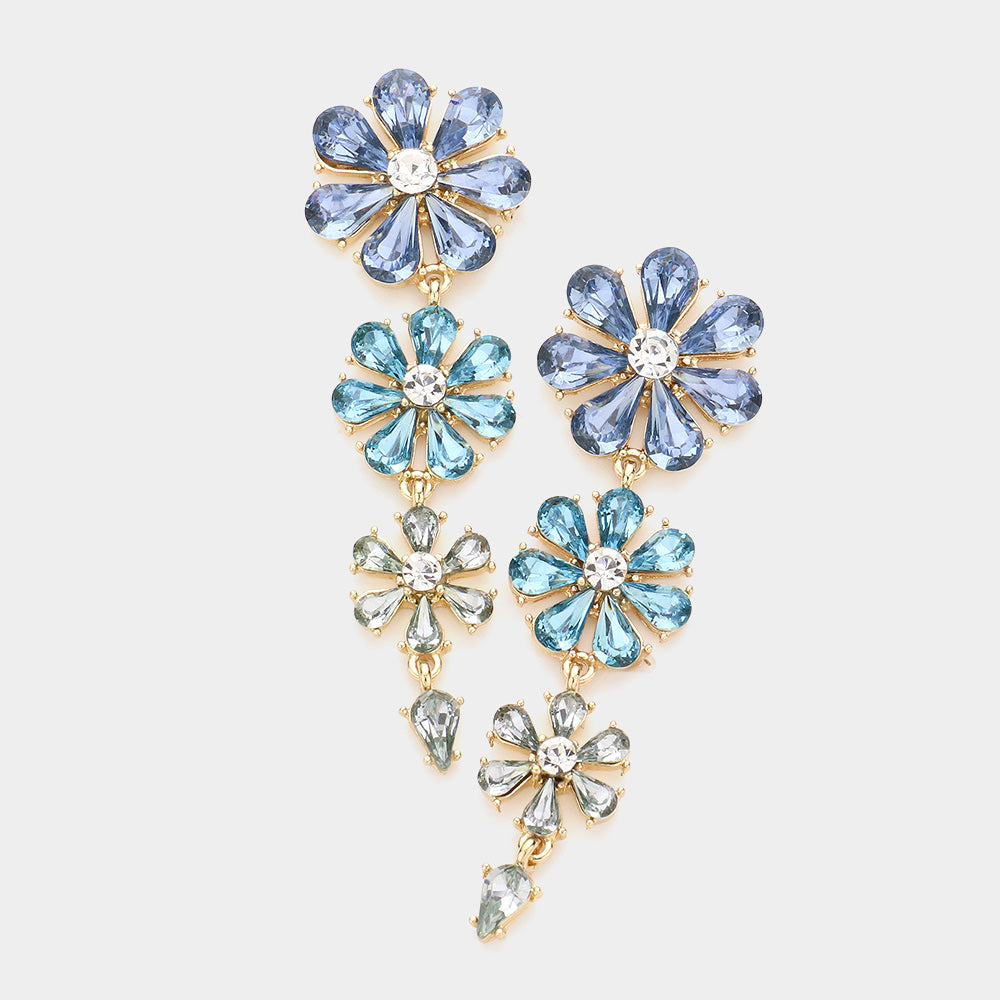 Teardrop Cluster Triple Flower Link Dangle Evening Earrings Blue