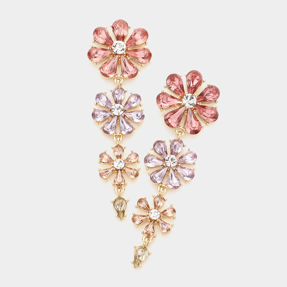 Teardrop Cluster Triple Flower Link Dangle Evening Earrings Pink