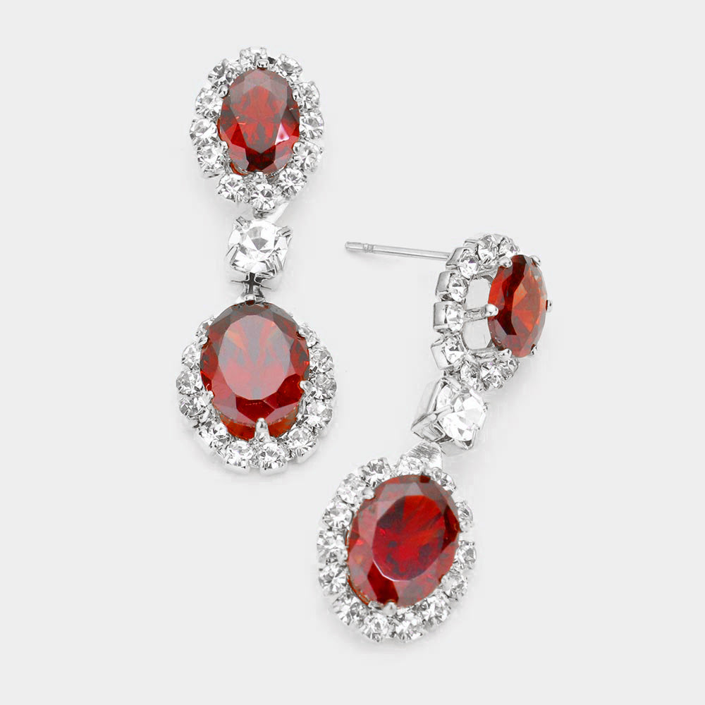 Red CZ Double Oval Accented Dangle Evening Earrings