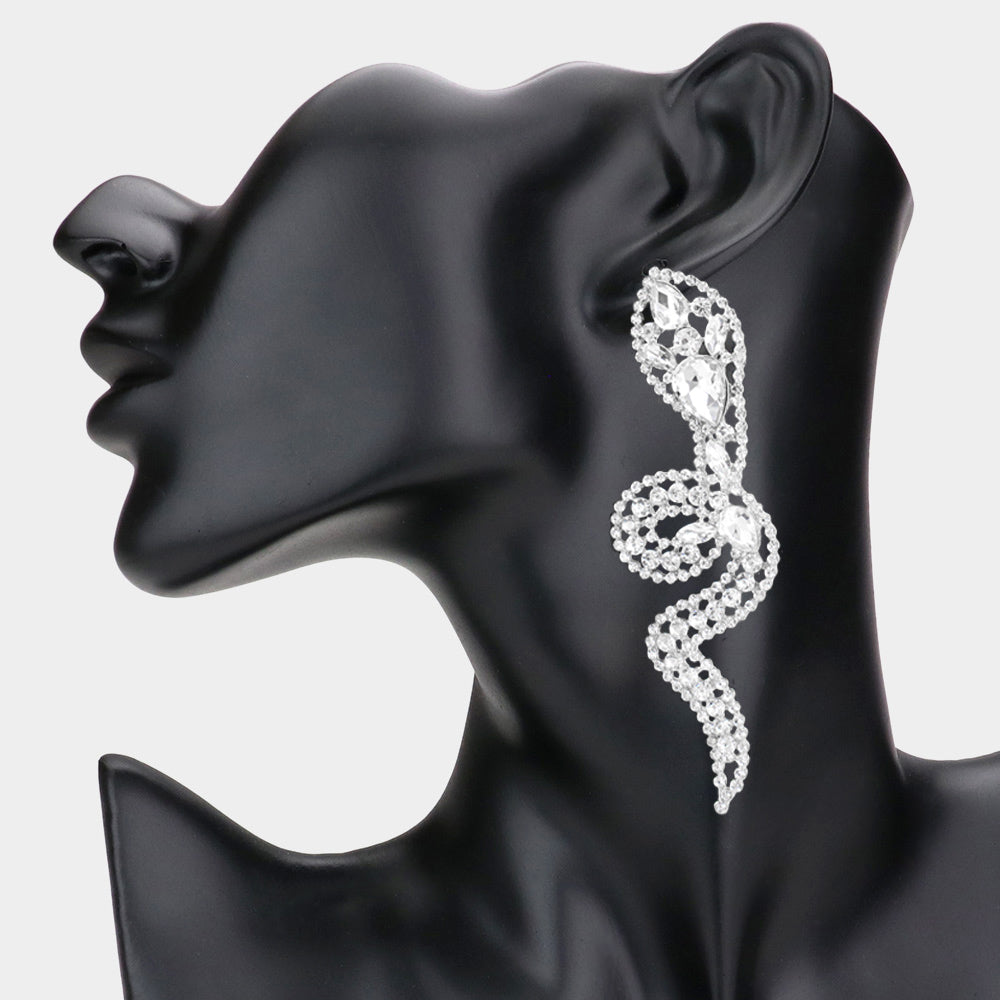 Silver Rhinestone Snake Evening Earrings-long