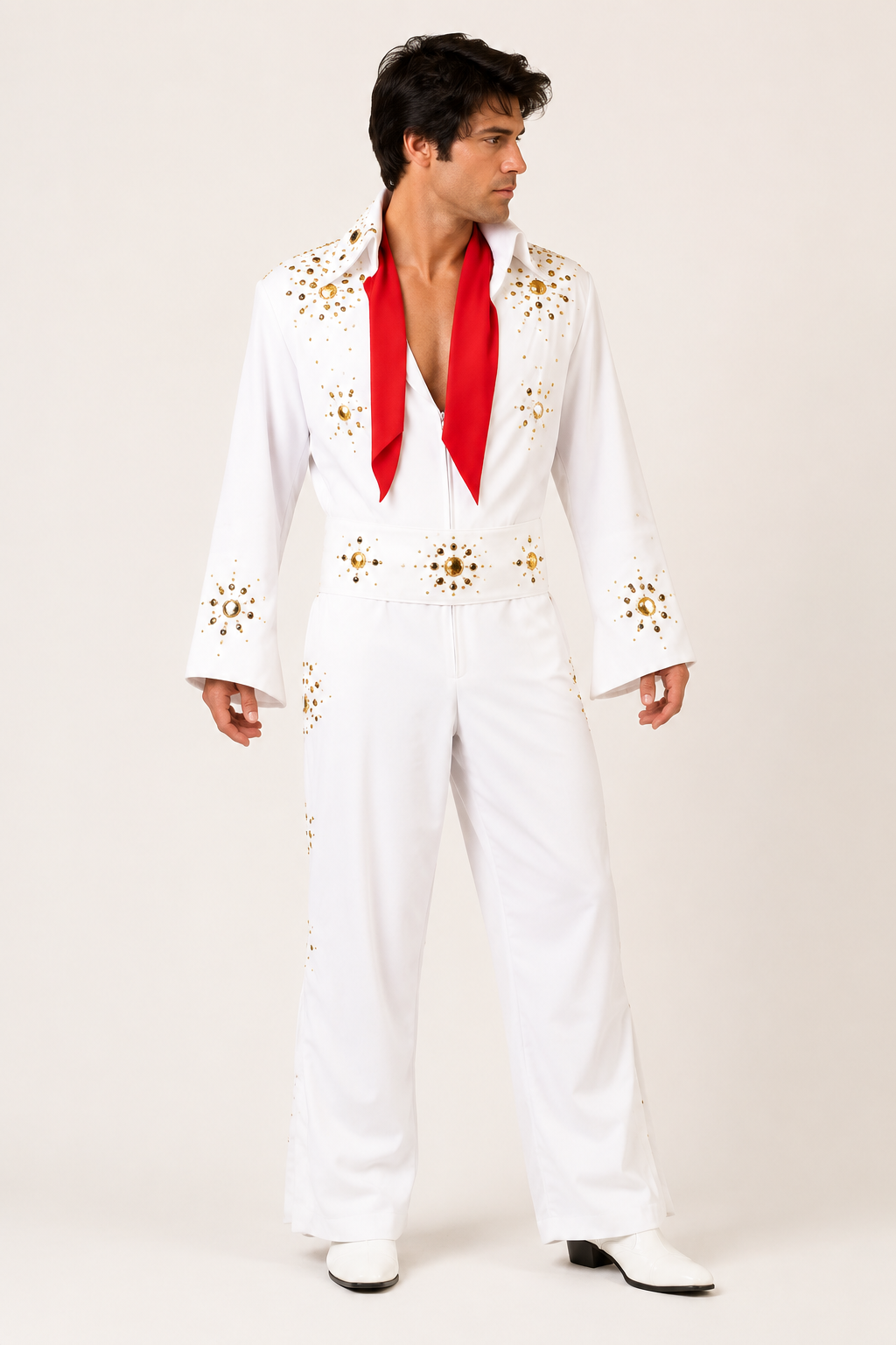 Elvis Two Piece White Costume with Diamond Studs Rhinestones 1960’s Men’s Costume Rental