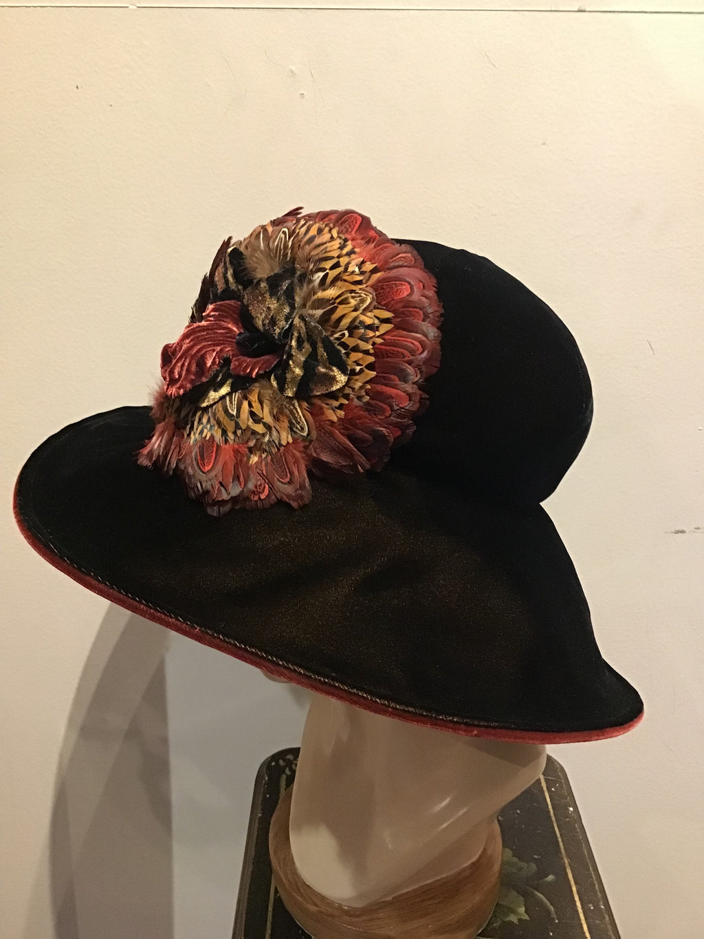 1990’s Eric Javits Wine Velvet and Feather Hat