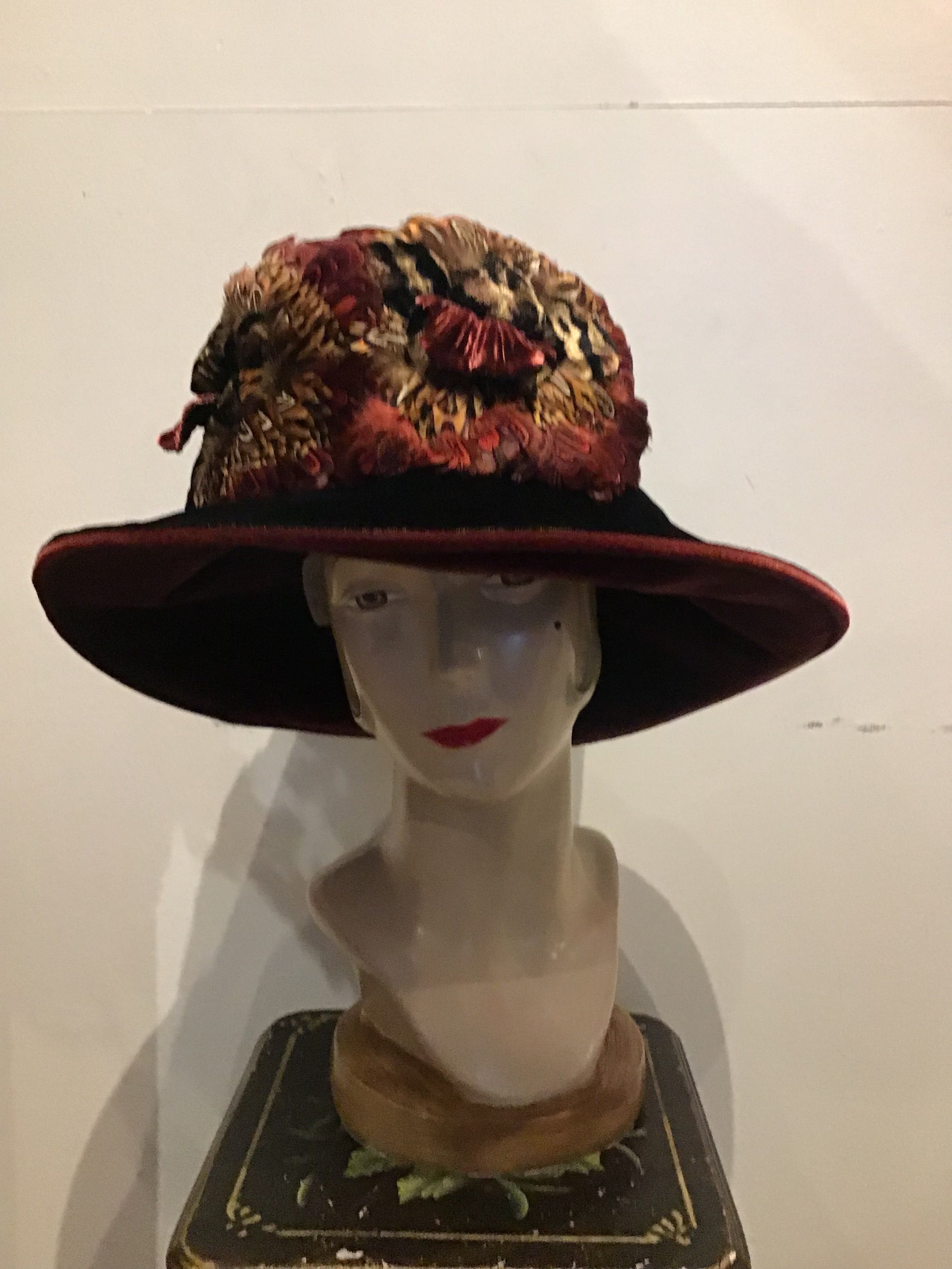 1990’s Eric Javits Wine Velvet and Feather Hat