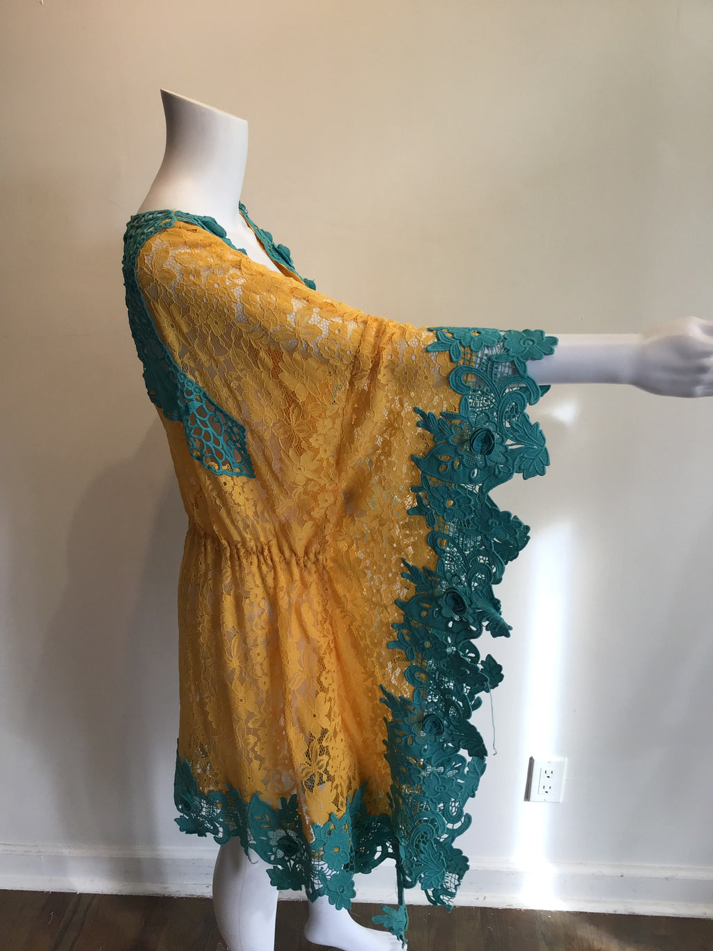 2000’s Antica Santoria Turquoise and Yellow Cotton Lace Cover Up One Size