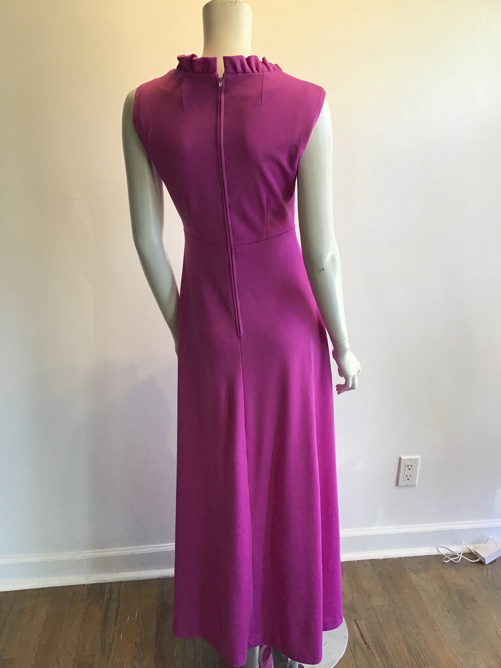 1970’s Violet Polyester Maxi Drrss with Ruffled Neckline Size 8