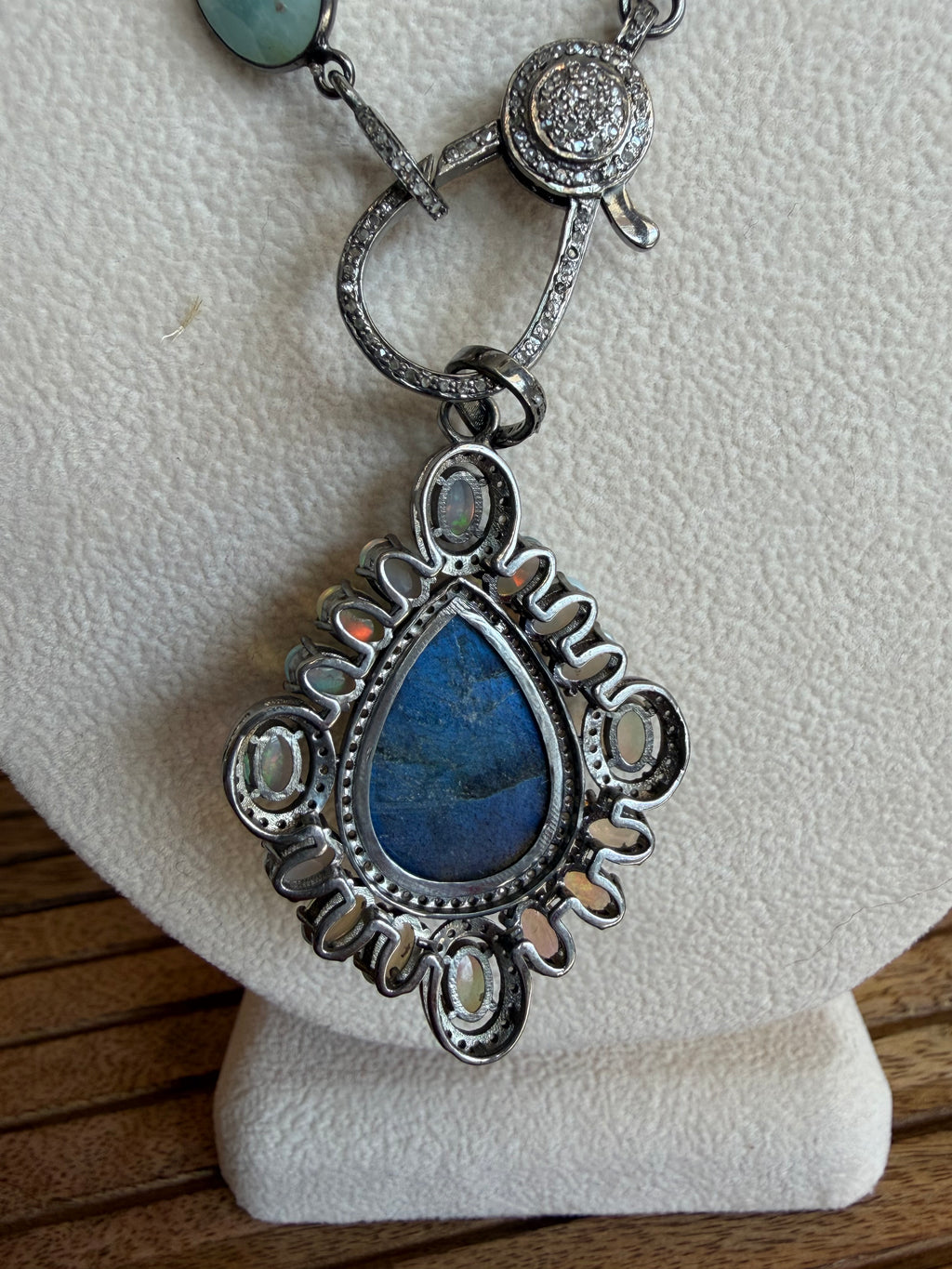 Large Labradorite with Fire Opals & Diamonds, Sterling Silver Pendant Necklace
