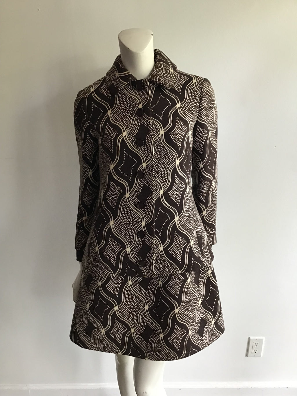 1960s Wool/Wool Crepe Brown Printed Dress with Jacket and Scarf Size 8