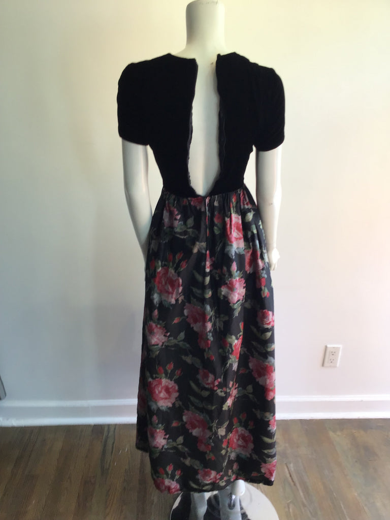 1960s Black Floral Silk Evening Dress Size 2
