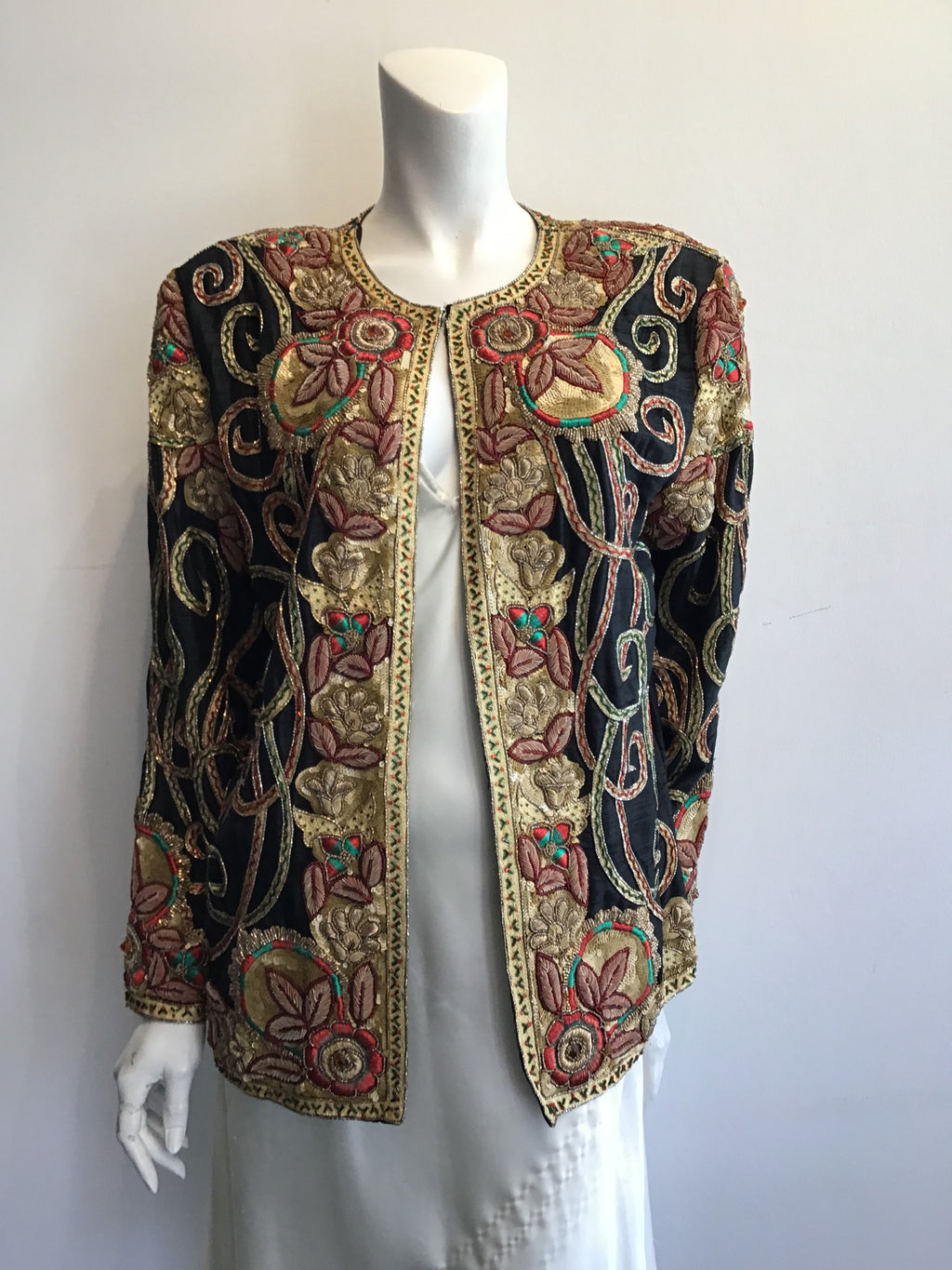 1980’s Black Silk Gold Embroidered and Sequined Evening Jacket Size 8