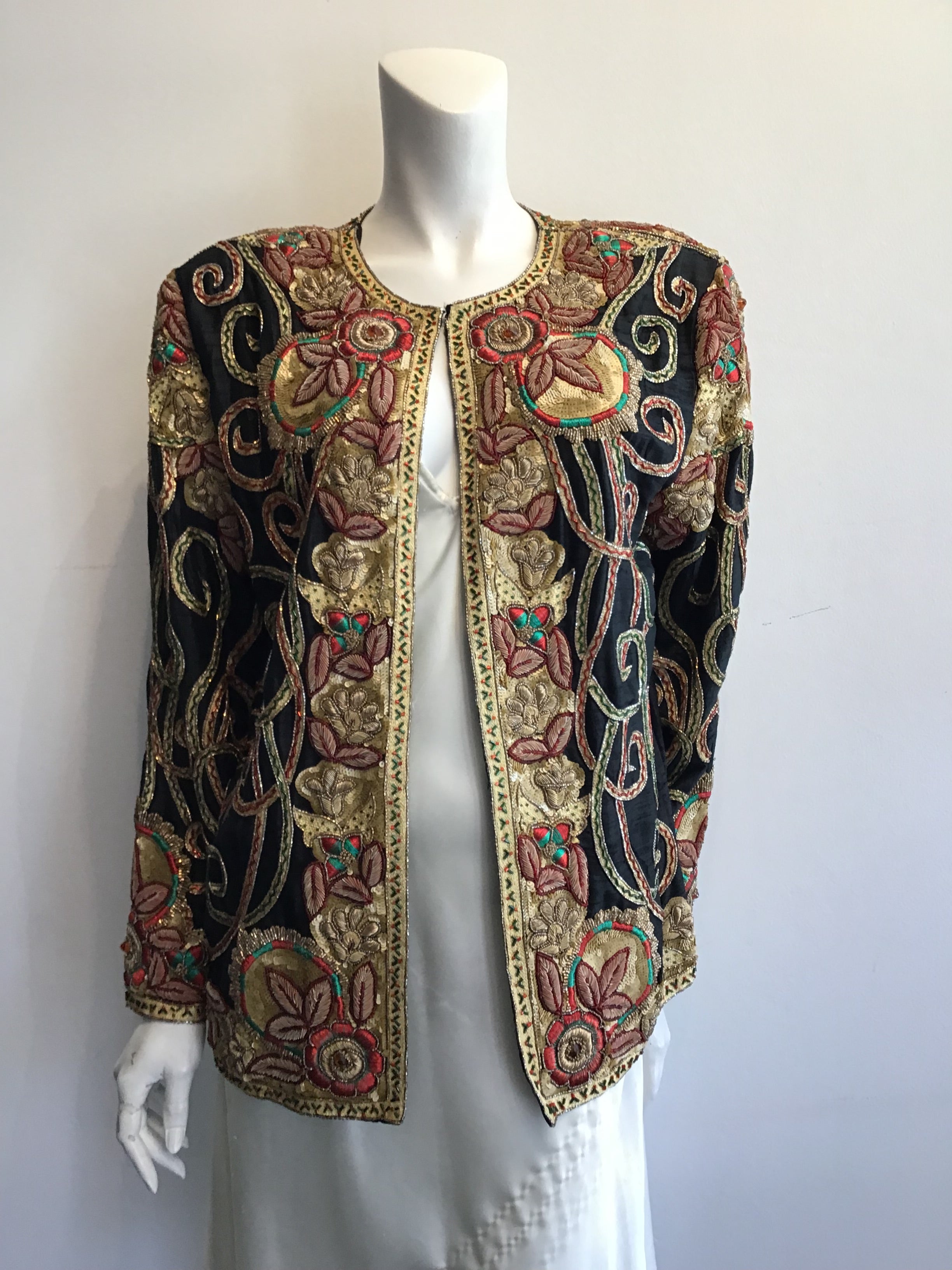 1980’s Black Silk Gold Embroidered and Sequined Evening Jacket Size 8