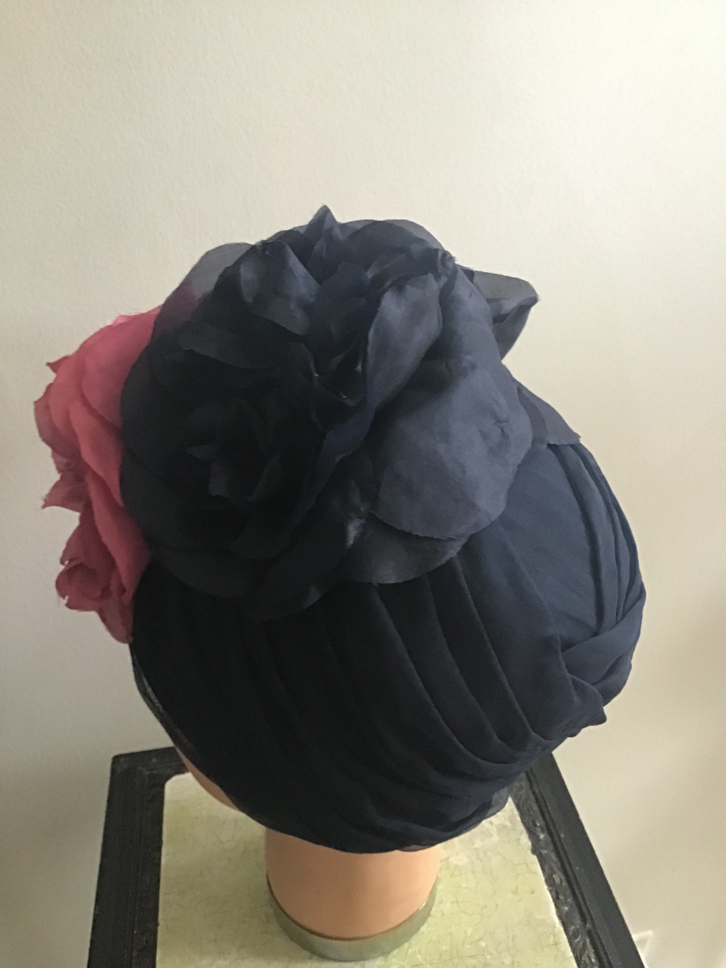 1960s Christian Dior New York ,Turban with Raspberry/blk  silk Flowers