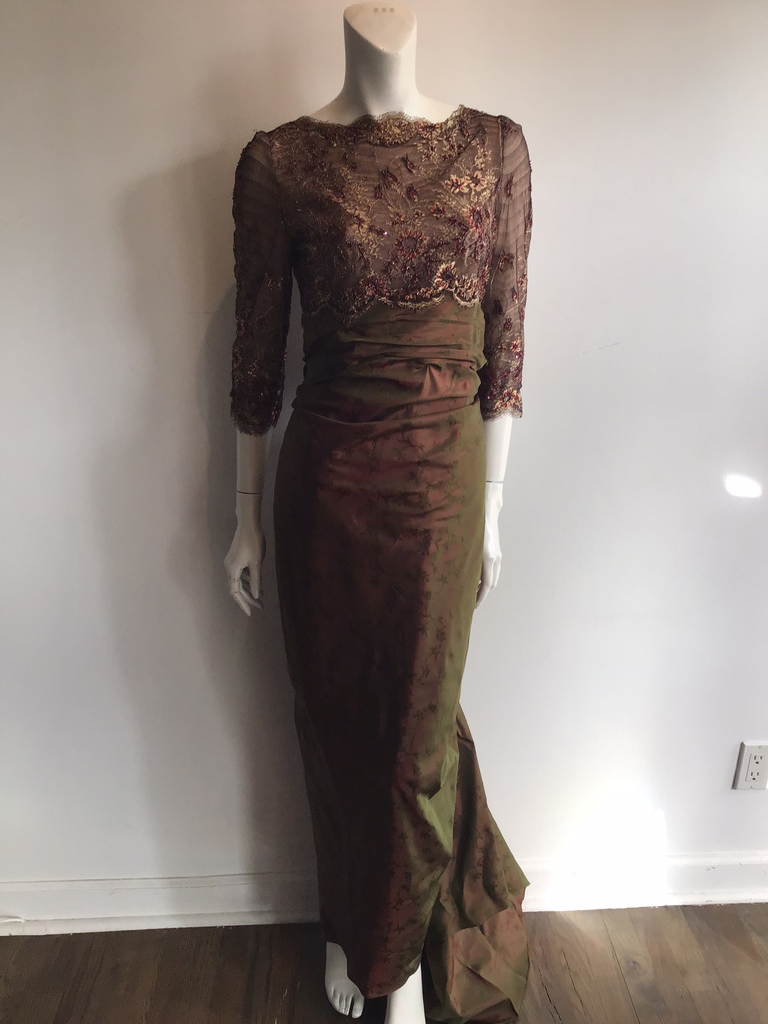 1999 Oscar de La Renta  Silk Iridescent Bronze and Green Evening Gown Size 7/8
