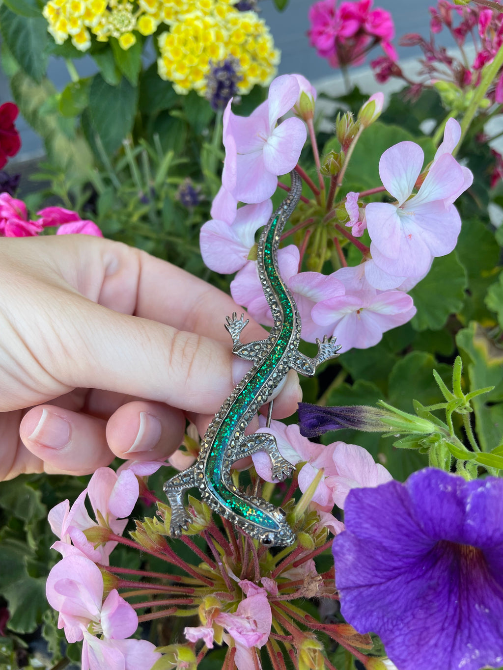 Vintage Sterling and Marcasite with  Green Rhinestones  Salamander Pin / Brooch