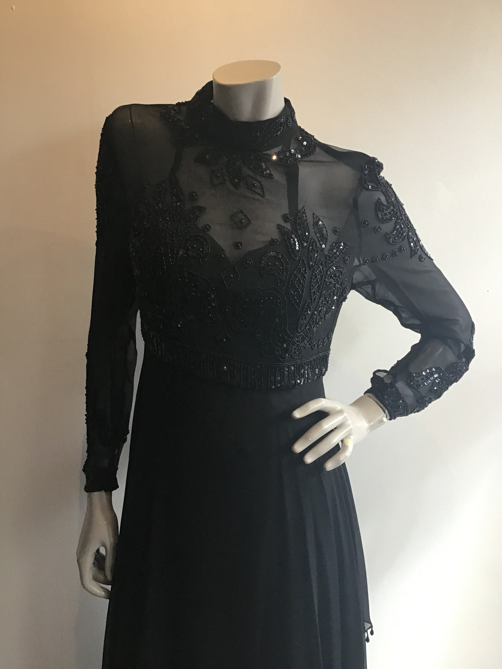 1970's Black Beaded and Sequninned Chiffon Tiered Evening Dress