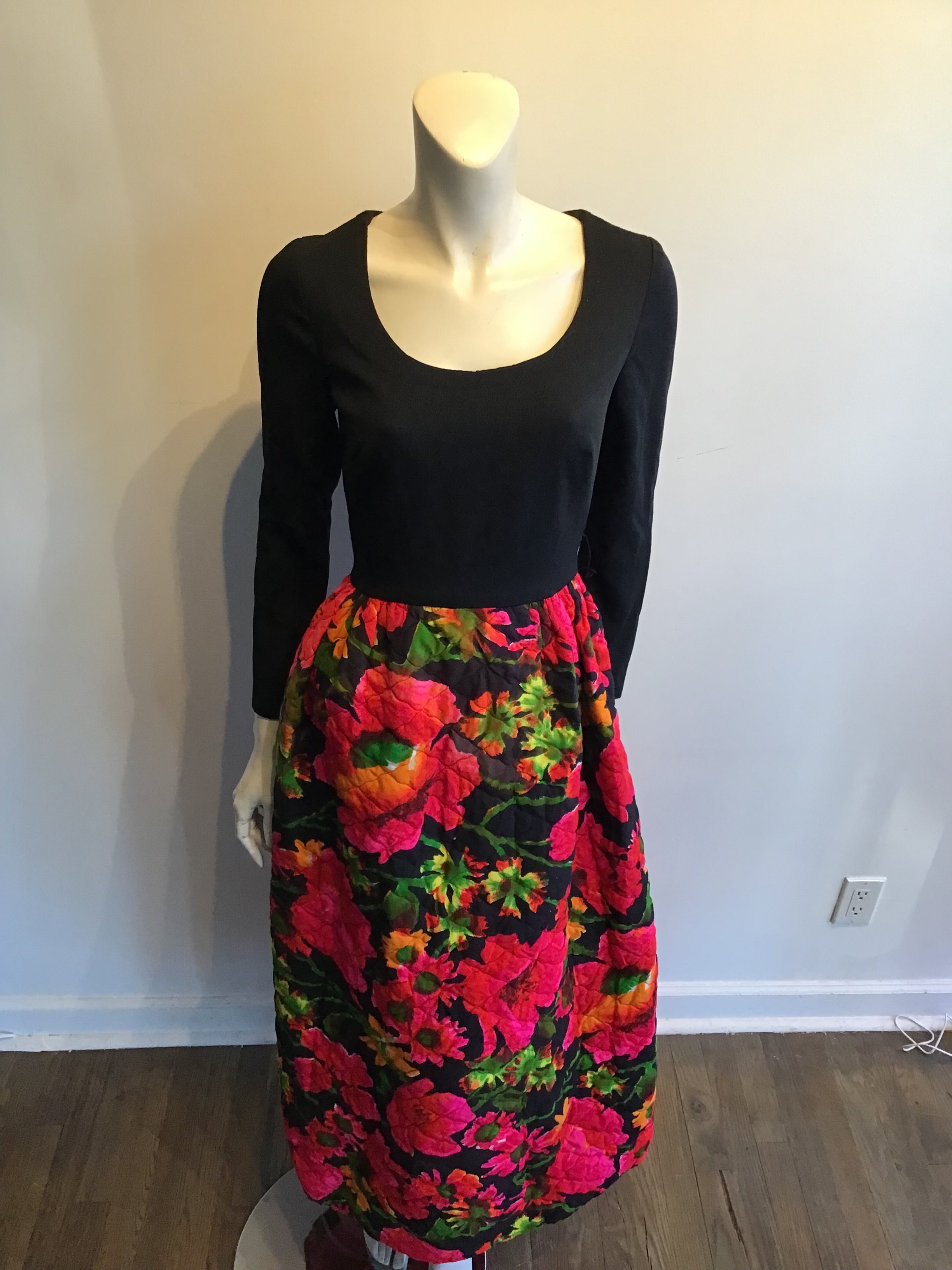 1960’s Black Top with Quilted Floral Skirt Cotton/Crepe Dress Size 6/7