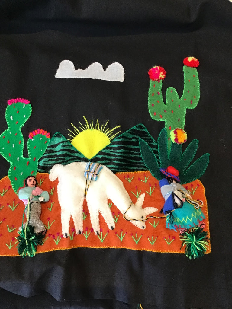 1950’s Cotton Black Skirt with South American Vignette Appliquéd Size up to 8