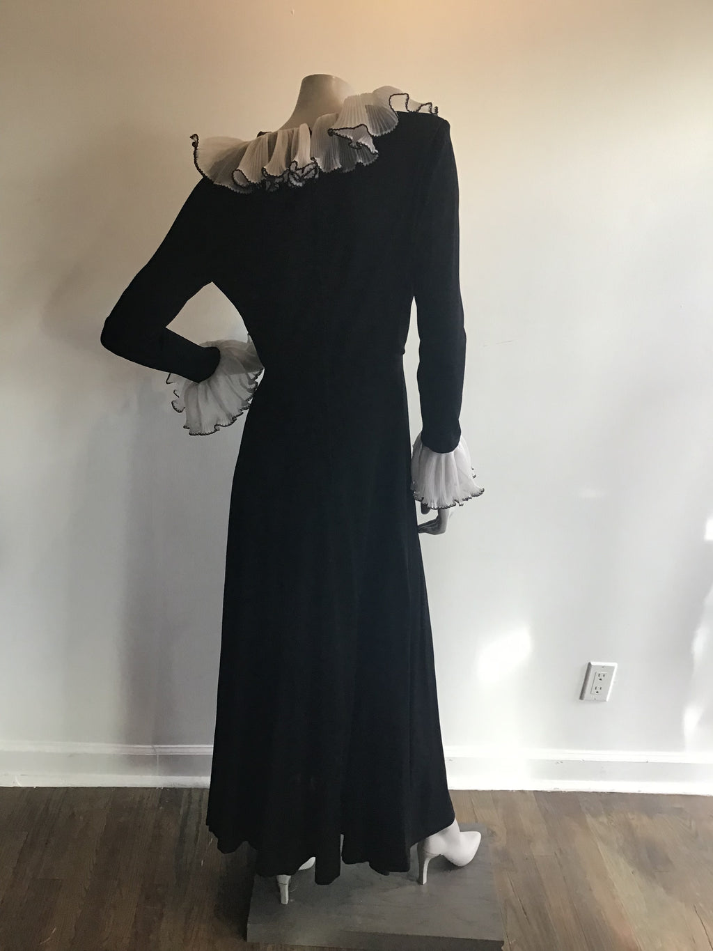 1970's Julie Miller Black Maxi Dress with White Ruffles
