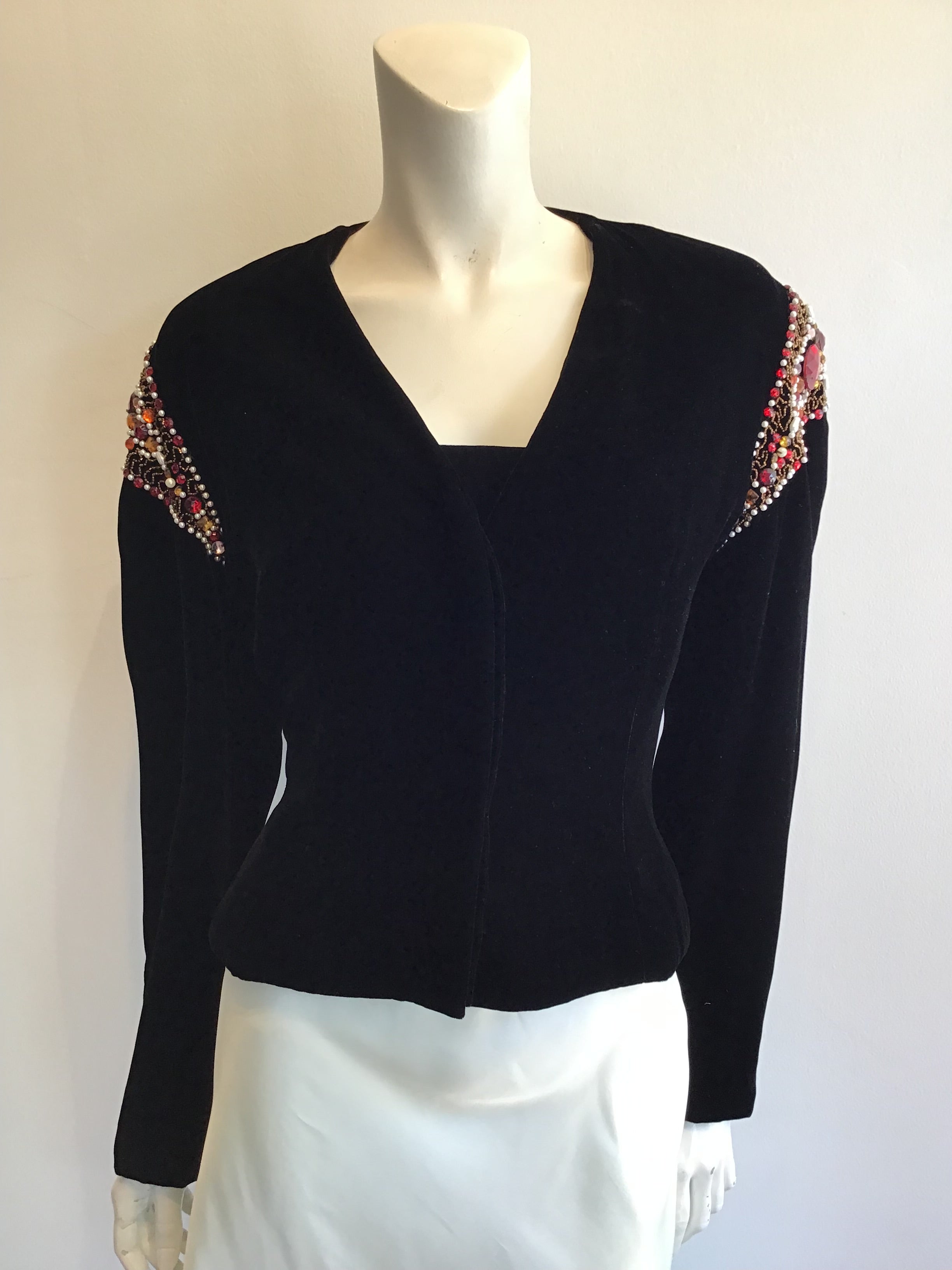 1980’s Krizia Black Silk Velvet Buster and Crop Jacket Size 8