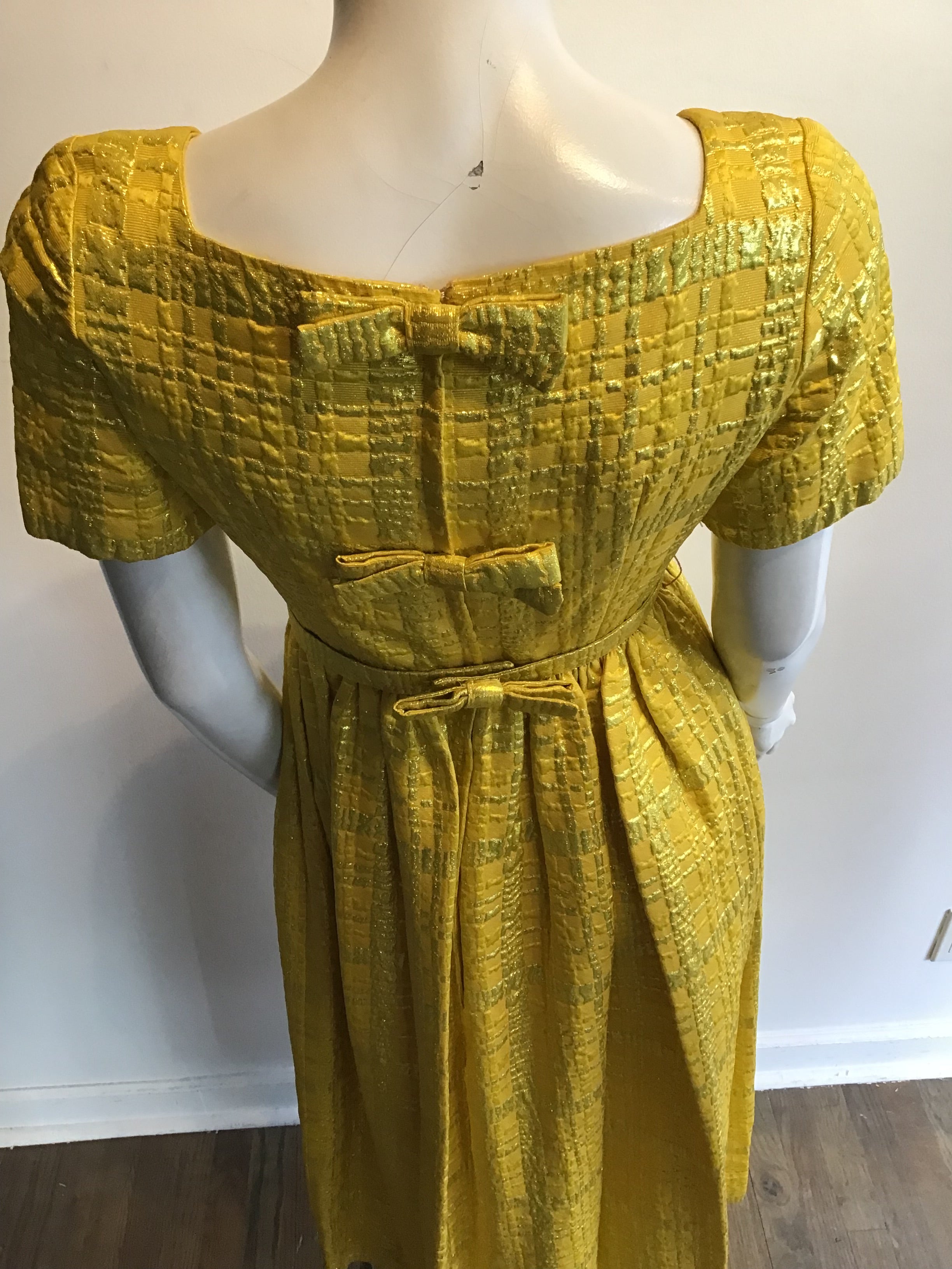 1960’s Malouf Yellow Silk Lamé Evening Dress Size 6