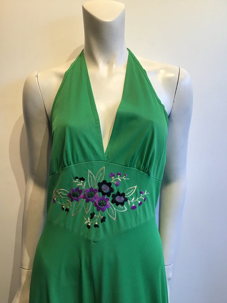 1970’s Green Polyester Dress with embroidery Size 4