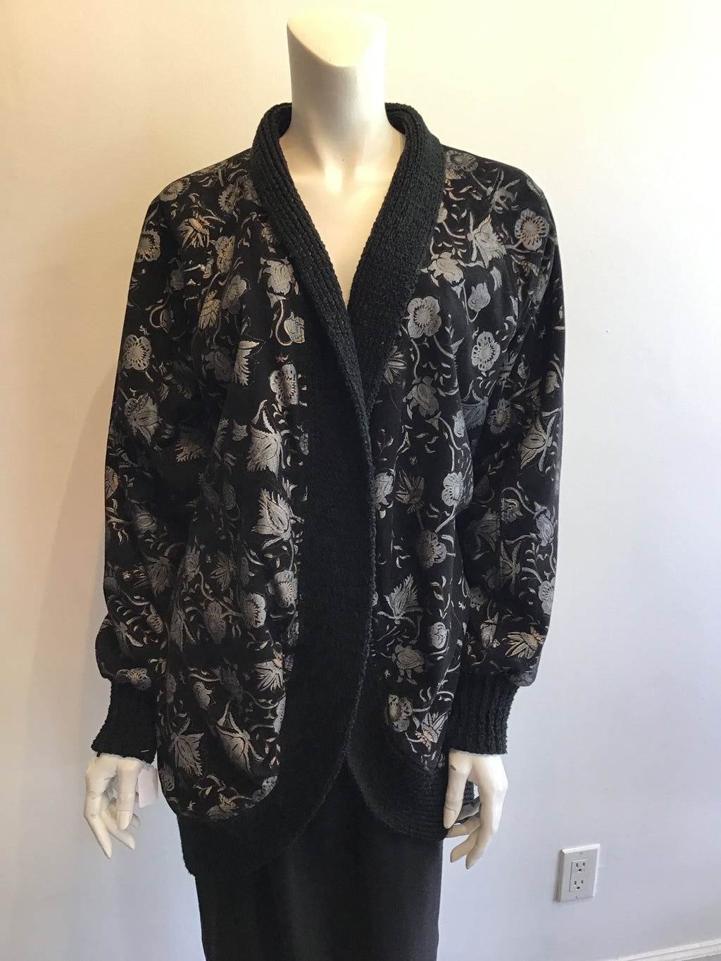1980’s Opulent Hand Stenciled Black Cocoon Coat Size 10