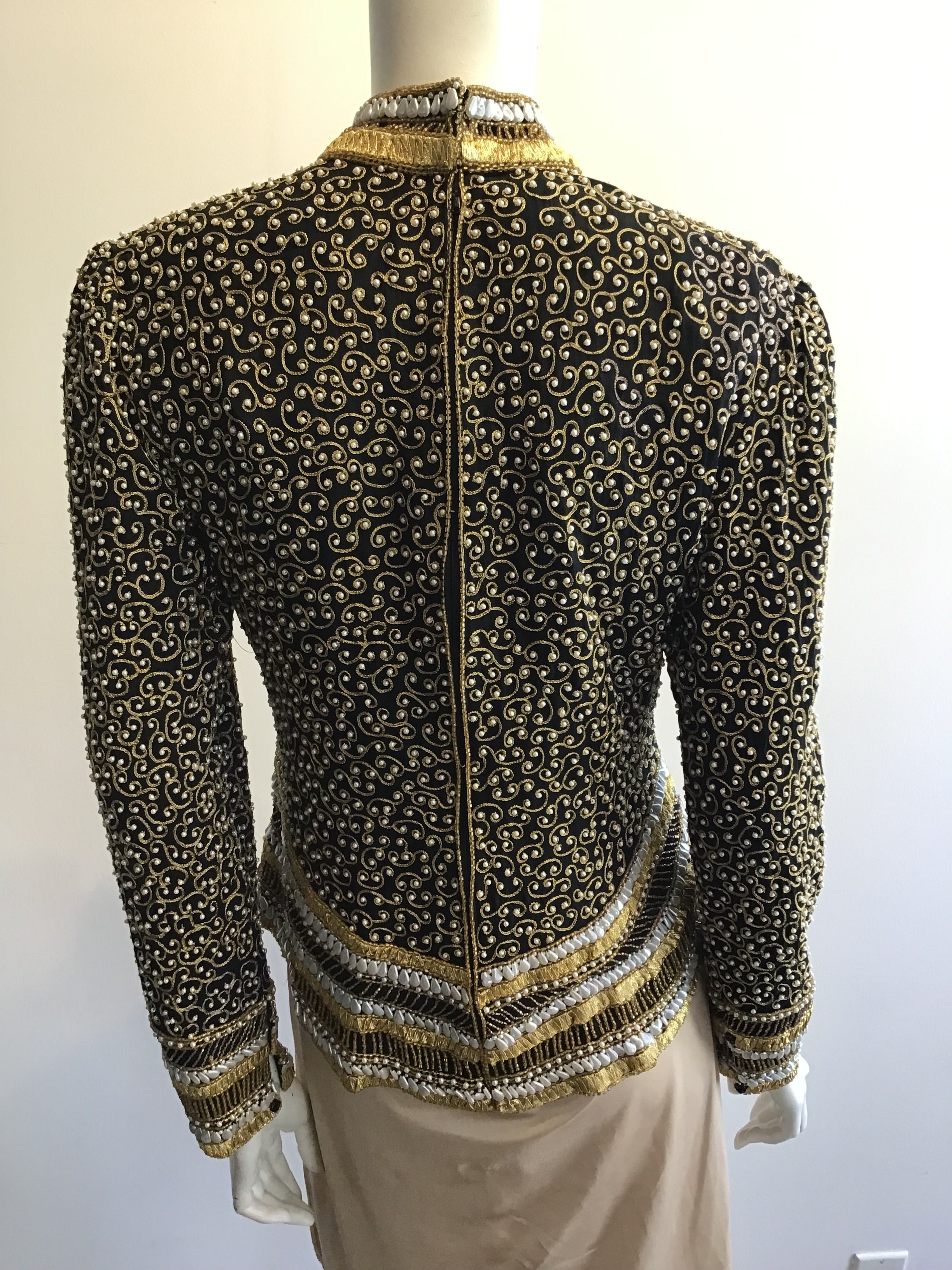 1980’s Black,Gold and Silver Beaded Evening Top Size 8