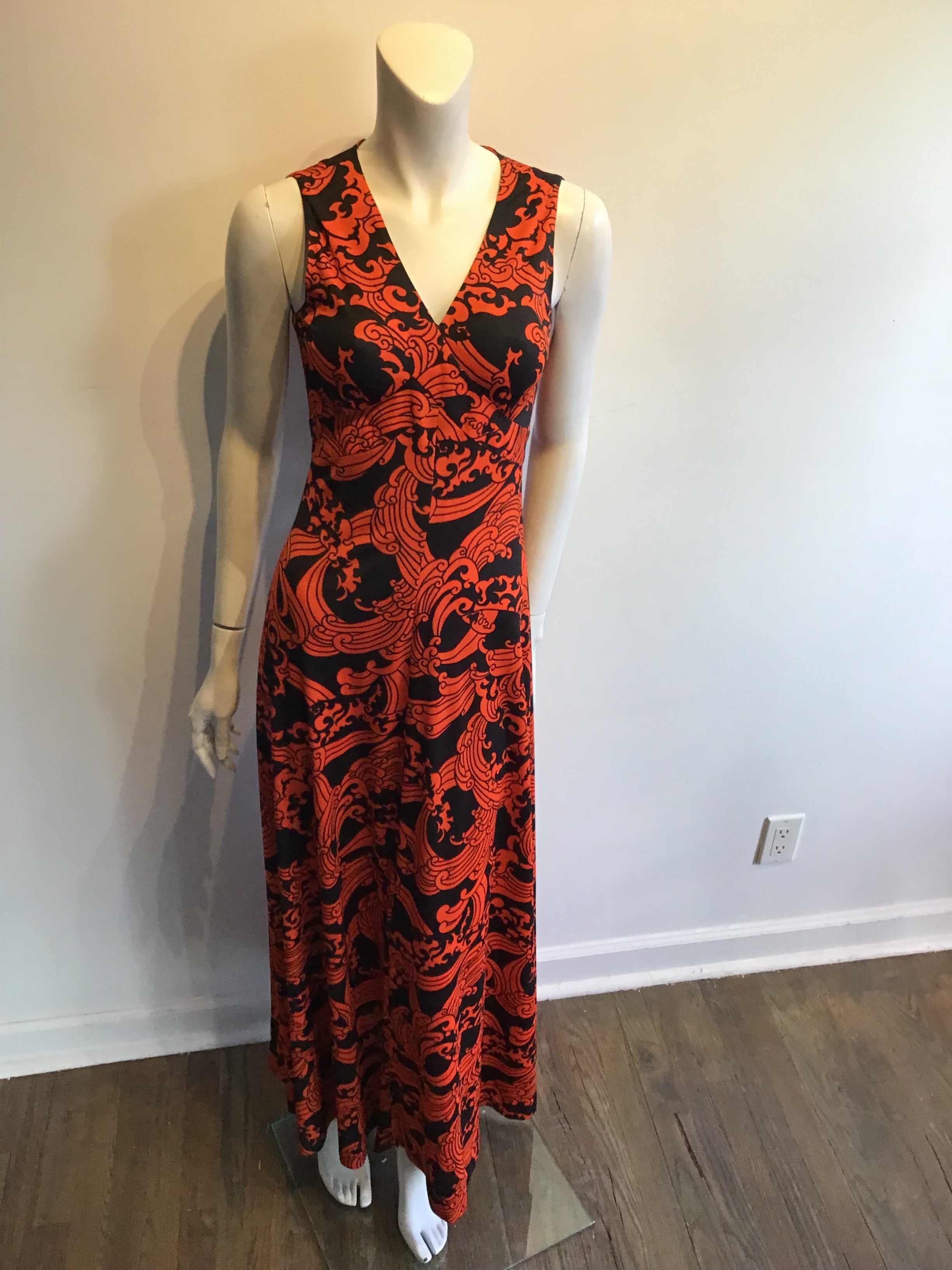 1970’s Orange and Black Printed Polyester Maxi Dress Size 6