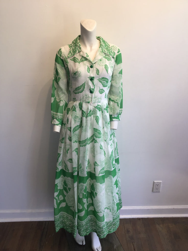 1970s Cotton Blend Chiffon Green and White Printed Maxi Dress Size 8