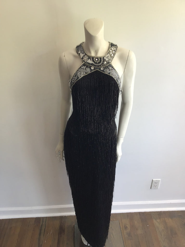 1980's Black Beaded Fringe Evening Dress Size 8